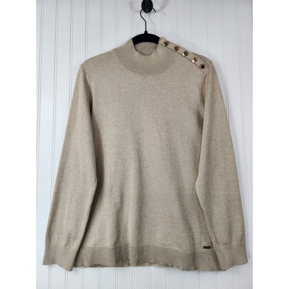 Calvin Klein Womens Gold Metallic Mock Neck Shoulder Button‎ Sweater Large L